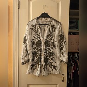 Johnny Was Womens Striped Button Up Shirt Sz Large White/blue